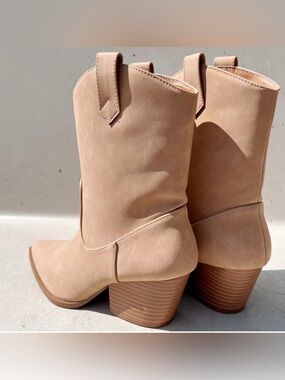 Distressed Brown Faux Leather Pointy Toe Block Heel Western Mid Calf Boots